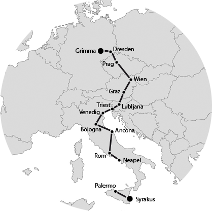 Karte: Seumes Route von Grimma nach Syrakus